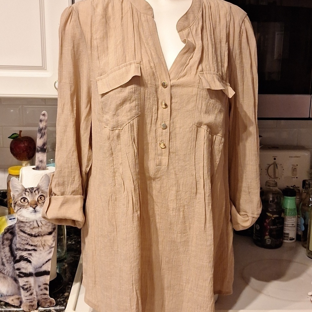 Womens Cocomo casual solid tan 3/4 sleeve plus size top 1X